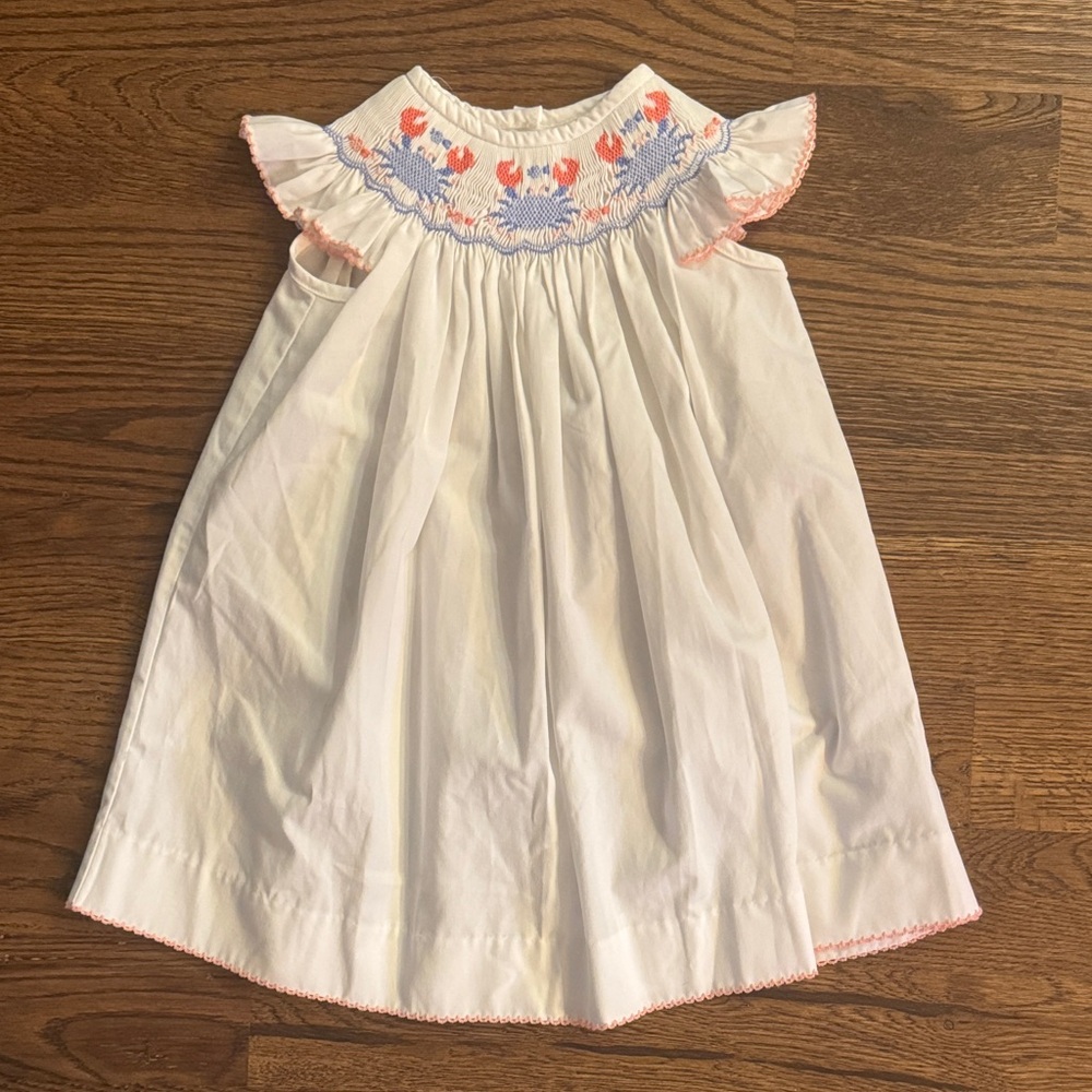 Shrimp & Grits White Smocked Blue Crab Embroidered Dress